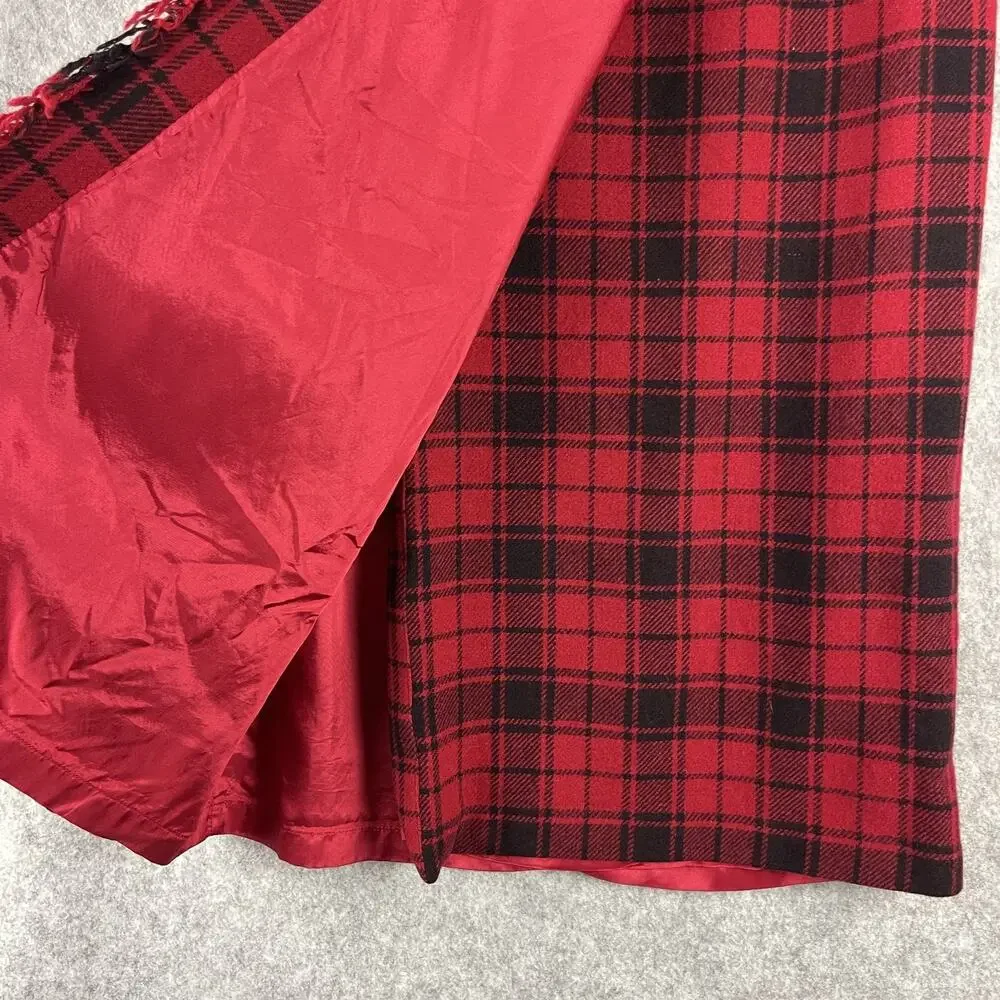 Vintage‎ Breeches Wool Blend Wrap Skirt Womens 12 Red Plaid Fringe Holiday USA
